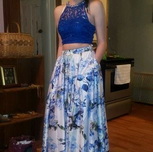 Two Piece Floral and Blue Prom Dress
